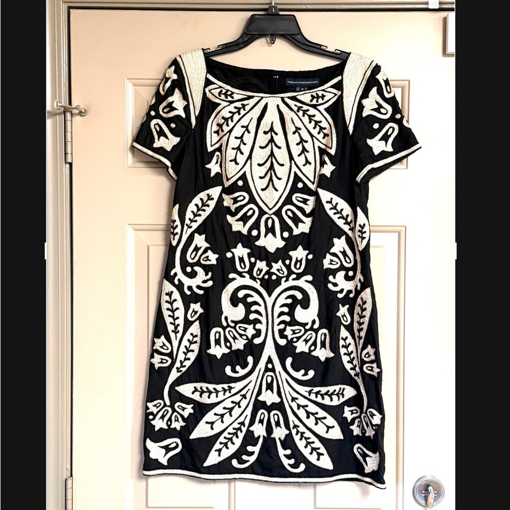 French Connection Women’s Size 10 Black & Cream Beaded & Embroidered Mini Dress
